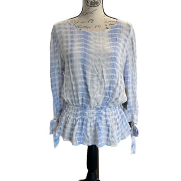 Lily Rose Smocked Waist Womens Peasant Blouse Size Small Tie‎ Dye Ribbon Sleeve - Picture 6 of 12